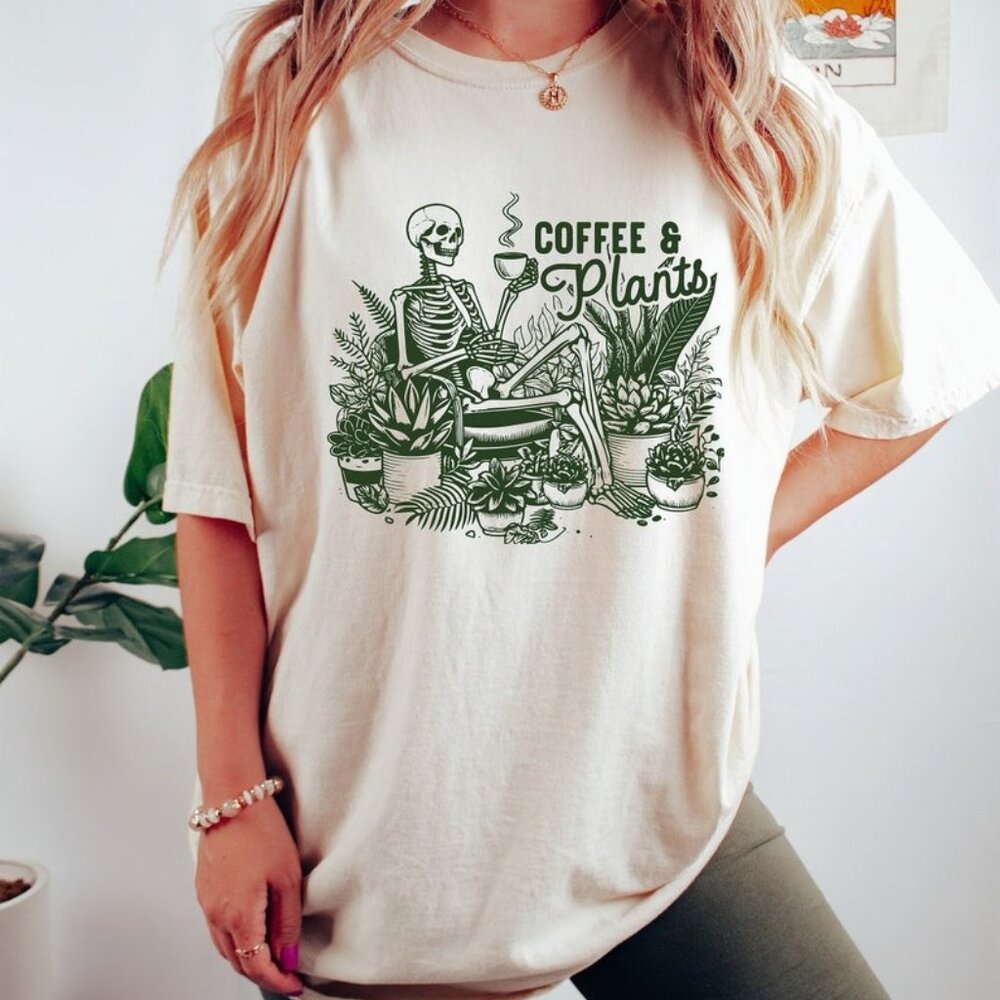 Coffee and Plants Shirt, Skeleton Plant Lover Tshirt, Staying Alive T-Shirt